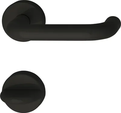 A black door handle and a black round knob are shown against a white background.