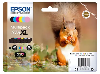 Obrázok produktu pre Epson Squirrel 6-farebný atrament Claria Photo HD 378XL veverička multipack, Vysoký (XL) výnos, Čierna, Azúrová, Svetlo azúrová, Purpurová, Svetlo purpurová, Žltá, 11,2 ml, 9,3 ml, 1 kusov, Viacnásobné balenie