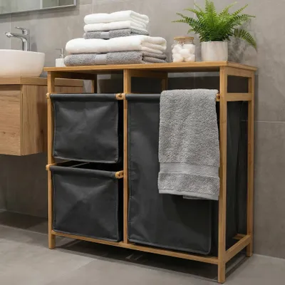 Produktbild von riess-ambiente Wäschekorb LAGOON SPA 70cm natur grau massives Bambusholz drei Wäschebeutel waschbar