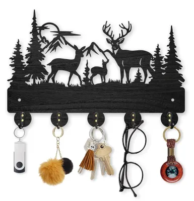 Image de Patères en bois avec motif de cerf, forêt de montagne, autocollantes, porte-clés avec animaux de la forêt, 5 crochets métalliques, décoration murale noire pour le couloir, 30 x 20 cm