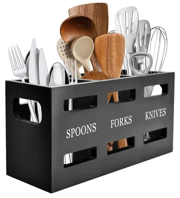 Immagine prodotto di Porta utensili da cucina in legno - grande, con 2 scomparti, organizer per posate