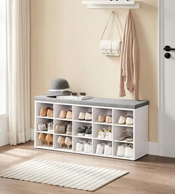 Image de Banc à chaussures avec coussin d'assise - Banc et étagère à chaussures avec 15 compartiments - Capacité de 200 kg - Blanc