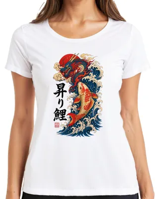 Produktbild von Japan Drache Karpfen Nobori Koi Welle Sonne Tattoo Y2K Irezumi Zen Damen T-Shirt, Weiß, XL