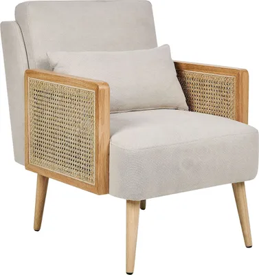 Produktbild von BELIANI Sessel Hellbeige Stoff und Rattan mit Holzbeinen Wiener-Geflecht Armlehnen Kissen Modern Klassisch Wohnzimmer Flur Ausstattung Sitzmöbel