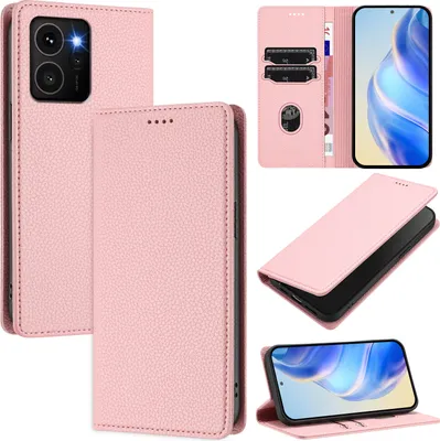 Produktbild von Litchi Leder Handyhülle für HMD Skyline Wallet Kartenfächer Standfunktion Hülle Pink