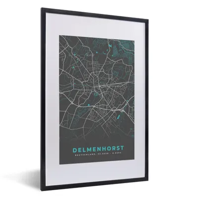 Produktbild von MuchoWow® Gerahmtes Poster Karte - Stadtplan - Delmenhorst - Deutschland - Blau 40x60 cm - Poster mit Schwarzem Bilderrahmen Wandposter Rahmen Foto Bilder - Poster in Rahmen