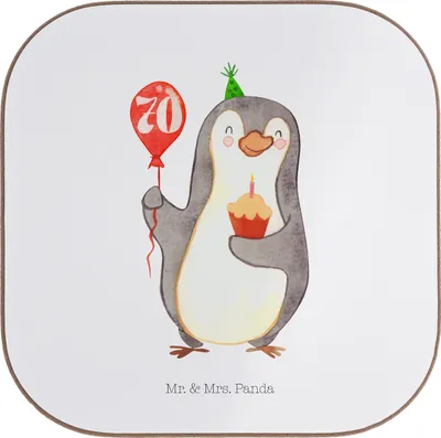 Produktbild von Mr. & Mrs. Panda Untersetzer für Gläser 70. Geburtstag Pinguin Luftballon - Weiß - Geschenk, Tischuntersetzer, Coaster, Tassenuntersetzer, Muffin, Happy Birthday, Tasse