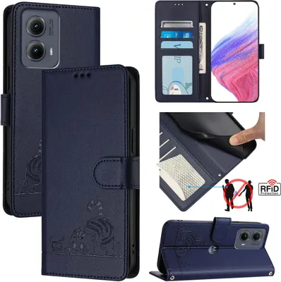Produktbild von Leder Hülle für Motorola Edge (2024) Süße Katze Flip Case Brieftasche Schutzhülle mit Standfunktion Blau