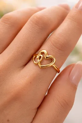 Produktbild von Lundholm Ring Damen Nybro – Premium Edelstahl Vergoldet Versilbert – Doppeltes Herz Verstellbar One Size – Hypoallergen