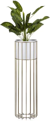 Produktbild von HowHomely Modern Pflanzenständer mit Topf, Blumenhocker aus Metall Gold 70 cm Höhe - Blumenständer für das Haus