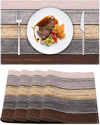 Produktbild von Ibenzoa® Set mit 4 Leinen-Platzsets (Leinen & Polyester) – rutschfest, lichtecht und hitzebeständig, brauner Holzmaserungs-Look für Esstisch