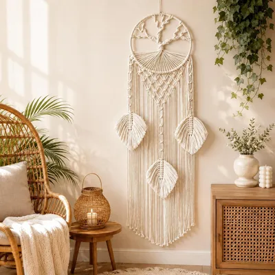 Produktbild von Traumfänger Wandbehang, Lebensbaum Makramee beige, 3 mm Baumwolle, Boho Dekoration für Schlafzimmer