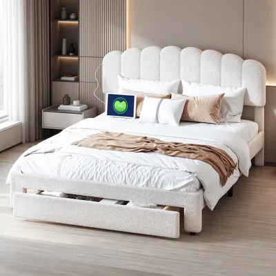 Imagen del producto de Cama tapizada INONEFT de 140x200 cm con cabecero ajustable en altura, cama juvenil de matrimonio con puertos USB y enchufes, cama con espacio de almacenamiento, tapizada en tela tipo "teddy", color beige