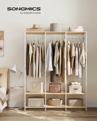 Produktbild von SONGMICS Kleiderschrank offen, Garderobenständer mit Kleiderstange, Ablagen, abnehmbare Haken, 40 x 141 x 180 cm, Naturbeige