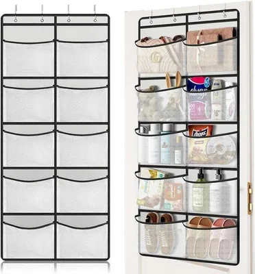 Produktbild von Hängendes Opbergregal für Schlafzimmer, Wohnzimmer, Badezimmer mit 10 Gitterfächern - Hängendes Regal mit 4 Haken - 54,5 x 126 cm