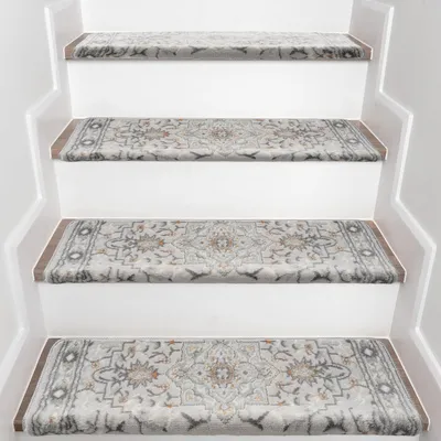 Obrázok produktu pre YEERSWAG sada 15 samolepiacich rohoží na schody, 76,2 × 24,1 × 4,3 cm, protišmykové na drevené schody, sivobiele, perzský vzor