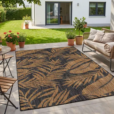 Obrázok produktu pre Homebyhome Vonkajší koberec, prírodný vzhľad juty, 200x280 cm, vhodný na balkón, terasu alebo záhradu, odolný voči poveternostným vplyvom a UV žiareniu, veľký, XL, s plochým vzorom palmovej listu