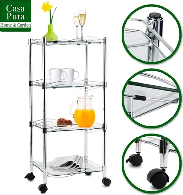 A chrome and glass shelving unit with various items on its shelves, presented on a white background with inset detail shots.