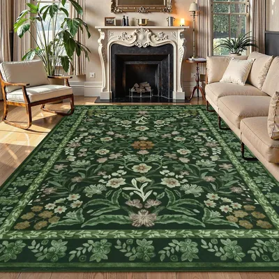 Image de Tapis de 120x170 cm, vert, antidérapant, avec un motif floral, idéal pour le salon