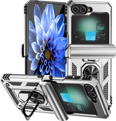 Obrázek produktu pro Hybridní pouzdro na Samsung Galaxy Z Flip 6 / Z Flip 7 FE dvouvrstvé pouzdro s prstencovým stojánkem a krytem na pant Stříbro