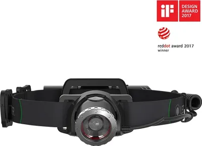 A product shot of a black headlamp with awards displayed in the top right corner.