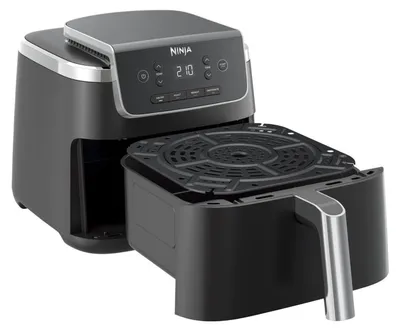 A black Ninja air fryer with its basket partially pulled out, shown against a white background.