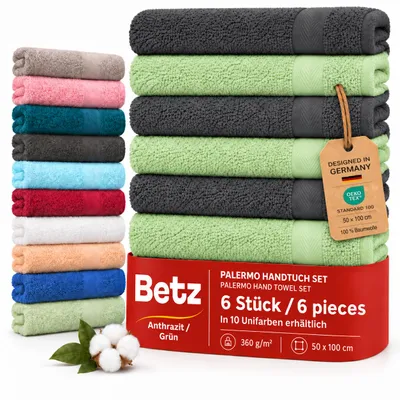 Produktbild von Betz Handtuch Set Palermo – 6er Pack Handtücher 50x100 cm – 100% Baumwolle - hochwertige Qualität, pflegeleicht & langlebig - Farbe anthrazit und grün