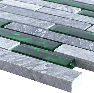 Produktbild von Glas Naturstein Mosaik Fliesen Sinop Grau Grün Brick