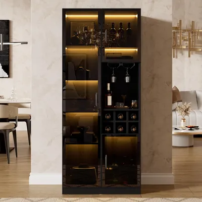 Produktbild von Merax Vitrine Highboard mit LED Beleuchtung, Glasschrank mit Glastüren und Weinregal, Barregal mit Stauraum, Wohnzimmerschrank, Schwarz