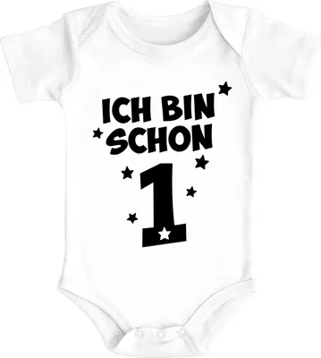 Produktbild von Babybody erster Geburtstag Spruch Ich bin schon 1 Sterne Geschenk einjähriges Kind kurzarm Body Baumwolle Moonworks® weiß 12-18 Monate