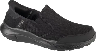 A black Skechers slip-on shoe is shown from a side angle against a white background.
