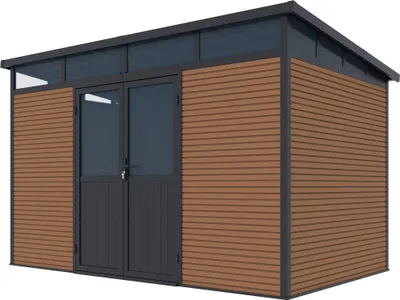 Produktbild von Weide Gartenhaus | Aluminium & WPC | Gerätehaus mit Doppeltür | 338x218x226 cm | Wetterfest in Teak