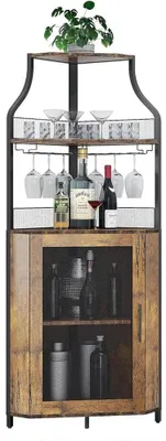 Immagine prodotto di Mobile angolare per vino - Mobile bar - Ripiano per vino rimovibile - Portabicchieri - Mobile con anta - Legno - 47 x 34 x 154 cm - Marrone retrò