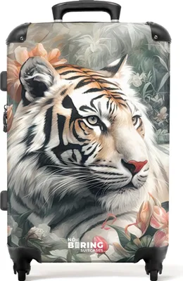 Produktbild von NoBoringSuitcases.com® Großer Koffer - Tiger liegt zwischen Blumen und Pflanzen - Kombinationsschloss TSA - Hartschalen Trolley 4 Rollen - 72 liter - Reisekoffer - 66 cmKoffer Mittelgroß 67x43x25 cm, 72L,