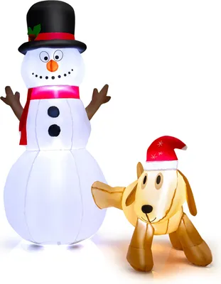 Image de COSTWAY Bonhomme de neige et chien gonflables 180cm, décoration de Noël avec lumières LED intégrées & souffleur d'air résistant à l'eau en intérieur comme en extérieur
