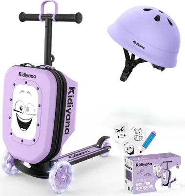 Produktbild von Kidiyana Kinder Scooter Lila + Kinderhelm XS Lila – 2-teiliges Set für Kinder ab 2 Jahren – Roller mit Schutzhelm – 48–54 cm