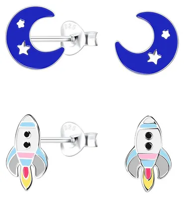 Produktbild von 2er Set Kinder Ohrringe Silber 925 Ohrstecker Mond & Rakete