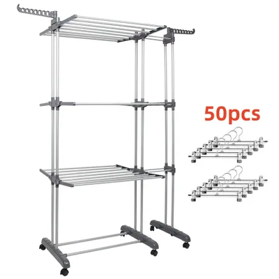 Produktbild von Wäscheständer Wäschetrockner mit 50 Stück Kleiderbügel Clip Kleiderständer Ausziehbar 75-142.5x64x170cm
