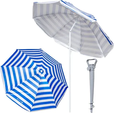 Produktbild von Strandschirm groß faltbar – stabiler Sonnenschirm mit Bodenanker für Balkon Garten & Camping weiß-blaue streifen