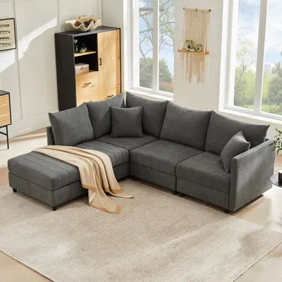 Zdjęcie produktu dla Nowoczesna sofa narożna, modułowa sofa 5-osobowa, z przekształcalnym podnóżkiem, sofa w kształcie litery L, sofa w kształcie litery U, odpowiednia do salonu, mieszkania itp., szara