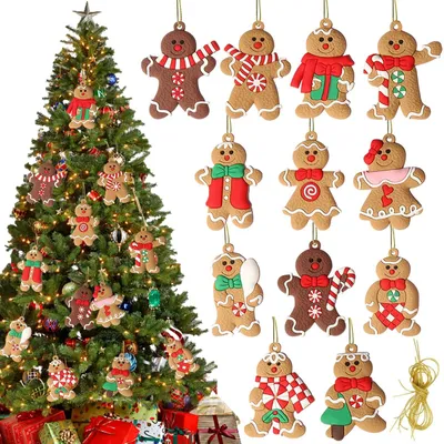 Imagen del producto de Figuras decorativas de pan de jengibre – 12 unidades – Adorno para el árbol de Navidad – Adorno colgante – Decoración navideña festiva – Plástico de alta calidad – Detalles vibrantes – Adornos navideños