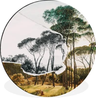 Produktbild von MuchoWow® Aluminium Wandkreis Italienische Landschaft Schirmkiefern - Kunst - Hendrik Voogd - Malerei - Schwarz-Weiß - Alte Meister Ø 90 cm Wanddeko Modern Wohnzimmer - Mauerkreis - Wandbilder - Runde Bild - Bild aus Aluminium - Schlafzimmer - Wohnzimmerdekoration - Wand Dekoration