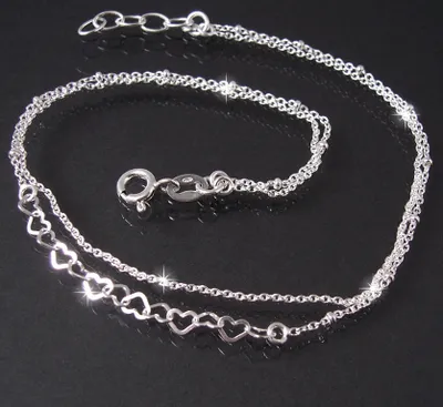 Produktbild von Fußkette 2-lagig Ankerkette 925 Silber Herzen Perlen 24-26cm 14924-26