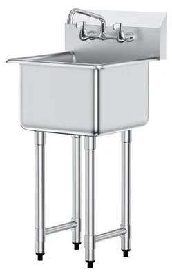 Image de Évier de préparation et utilitaire en acier inoxydable, petit évier sur pied à un bac, livré avec robinet et pieds, évier commercial à un bac de 45,7 cm x 104,1 cm pour garage, restaurant, cuisine, buanderie, NSF