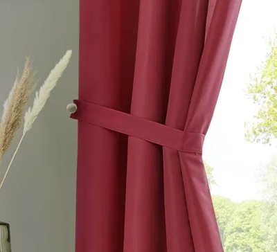 A close-up of a red curtain tied back with a fabric band, with dried grass in a vase to the left and a blurred green outdoor scene visible through the window on the right.