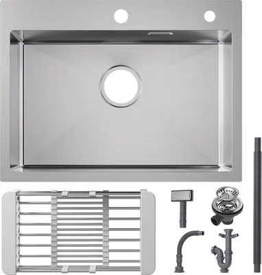 A stainless steel kitchen sink and its accessories are displayed against a white background.