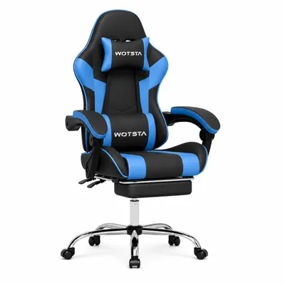 Produktbild von Gaming Stuhl mit Fußstütze, 135° verstellbarer Rückenlehne, Kopfstütze und Lendenkissen, höhenverstellbarer Bürostuhl, Schwarz-Blau, KI-generiertes Bild