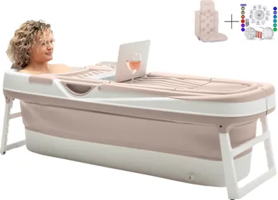Immagine prodotto di HelloBath® Vasca da bagno pieghevole per adulti XXL, 157x60x48 cm - Con cuscino da bagno, copertura, luce da bagno e rulli massaggianti - Vasca da bagno mobile