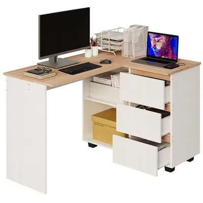 Produktbild von Eckschreibtisch mit Computerablage, Regalen und Schubladen, moderner Loft-Stil