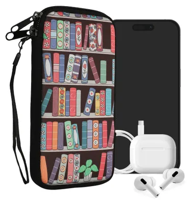 Produktbild von kwmobile Handytasche für Smartphones XL - 6,7/6,8" - Neopren Handy Tasche Hülle Cover Case Schutzhülle - Bücherregal mit Pflanzen Blau Grün Pink -